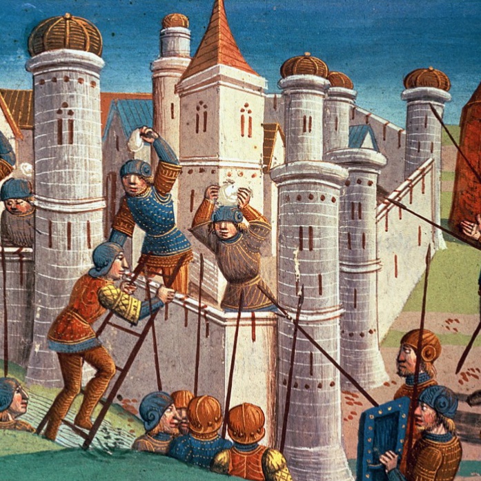 Detail of a 1490s French miniature: soldiers climb a ladder against a white-towered city wall while defenders above hurl stones down on them.