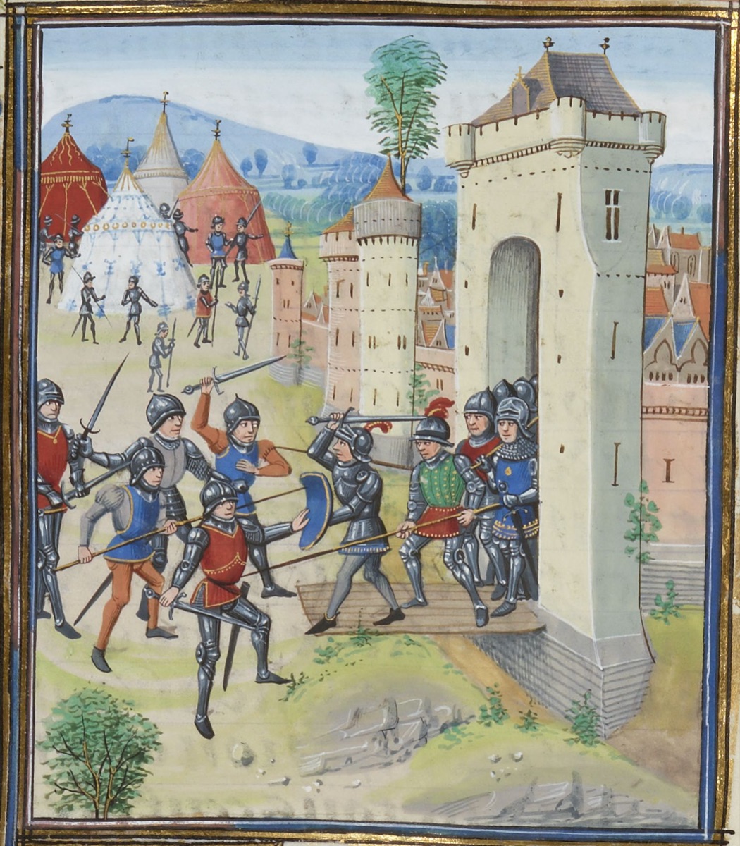 Fifteenth-century manuscript miniature of the siege of Hennebont in 1342: armoured knights clash at the entrance of a stone gatehouse, with the besiegers' tents behind.