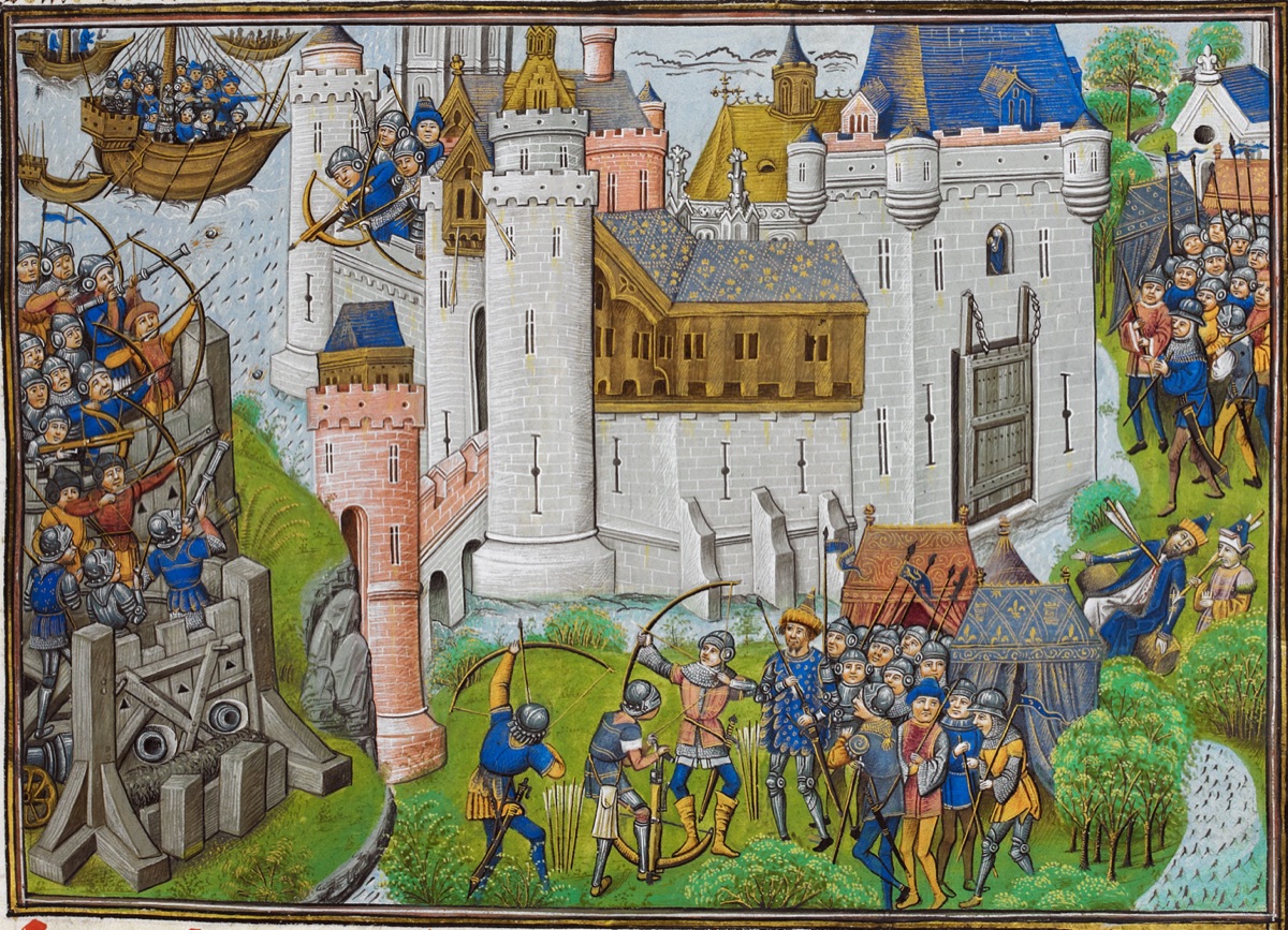 Fifteenth-century manuscript miniature of the English besieging the castle of Mortagne-sur-Gironde in 1377: crossbowmen and archers shoot at the walls from a wooden siege tower and the field below, while ships wait offshore.