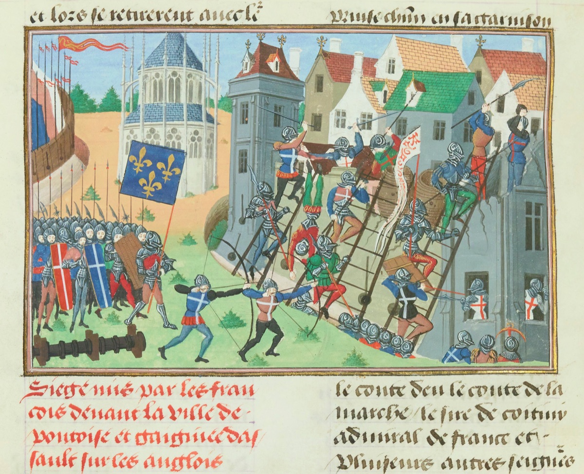 Fifteenth-century manuscript miniature of the French siege of Pontoise: soldiers swarm up several ladders against the town wall under the fleur-de-lis banner, while cannon and massed troops wait below.