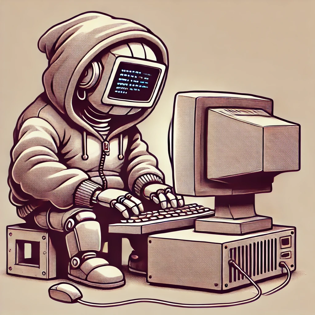 Prompt: A lighthearted illustration of a robot dressed like a 90s programmer, wearing hoodie. The robot is hunched over an old computer with large CRT screen. No background details.